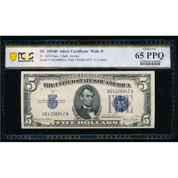 1934D $5 Silver Certificate PCGS 65PPQ
