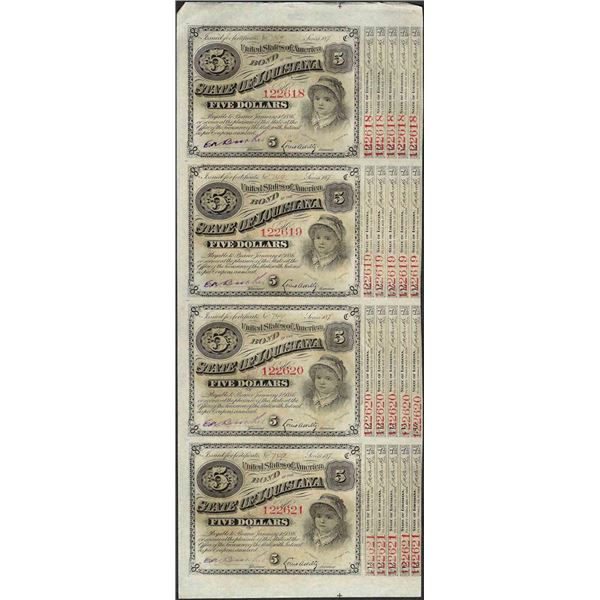 Uncut Sheet of (4) State of Louisiana Baby Bond Obsolete Notes