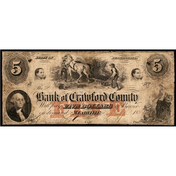 1862 $5 Bank of Crawford County Meadville, PA Obsolete Note