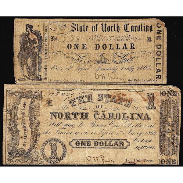 Lot of 1862 & 1866 $1 The State of North Carolina Raleigh Obsolete Bank Notes