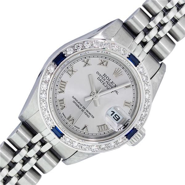 Rolex Ladies Stainless Steel Gray Roman Sapphire and Diamond Datejust Wristwatch