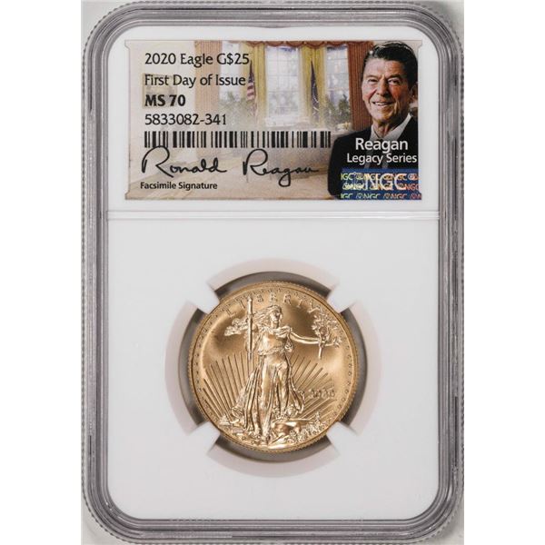 2020 $25 American Gold Eagle Coin NGC MS70 FDOI Reagan Legacy Series Signature