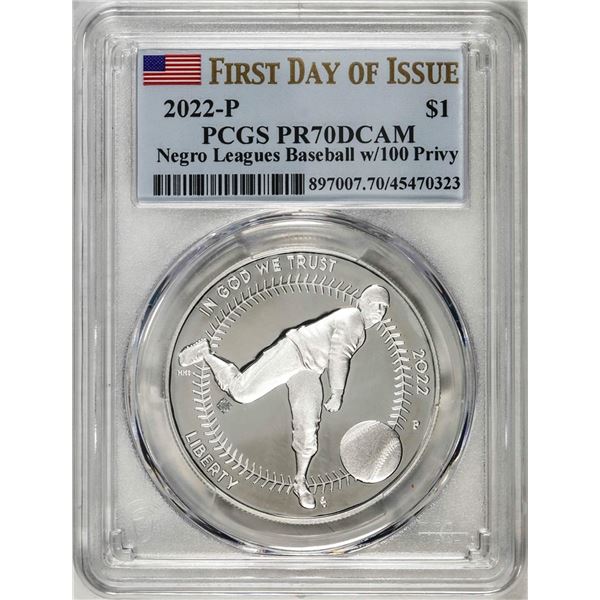 2022-P $1 Proof Negro Leagues Baseball Silver Dollar Coin PCGS PR70DCAM FDOI