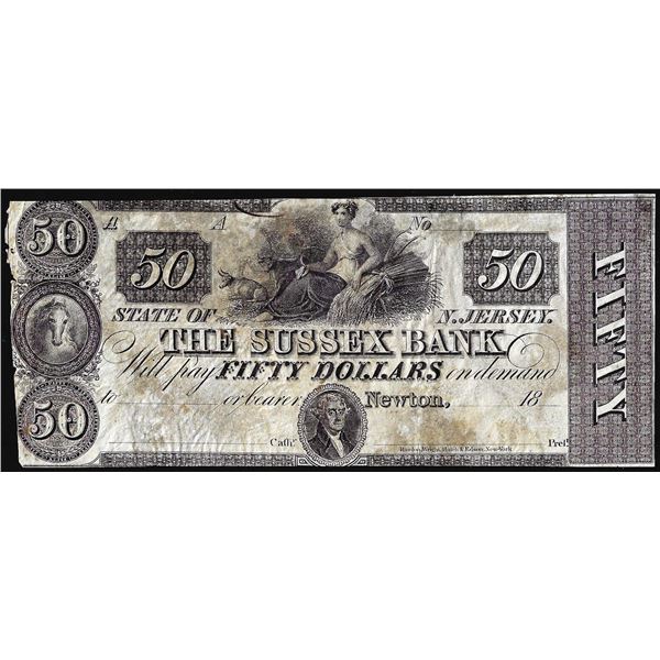 1800's $50 The Sussex Bank Newton, NJ Obsolete Note