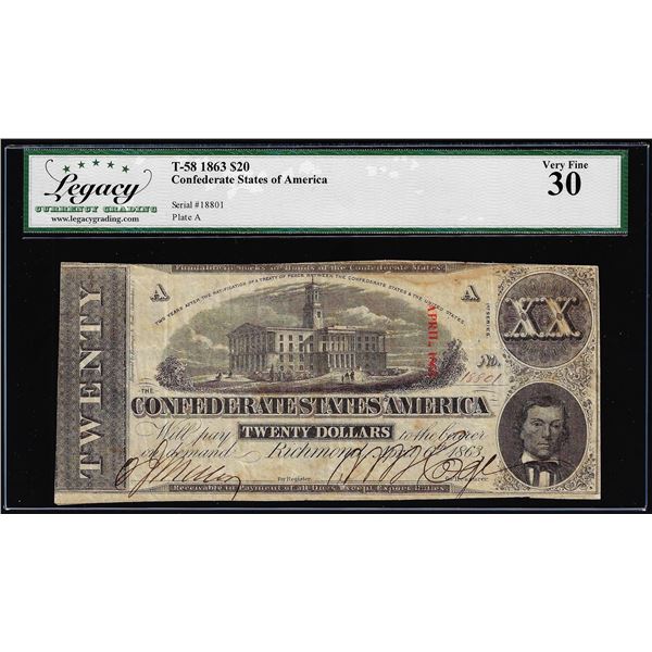 1863 $20 Confederate States of America Note T-58 Legacy Very Fine 30