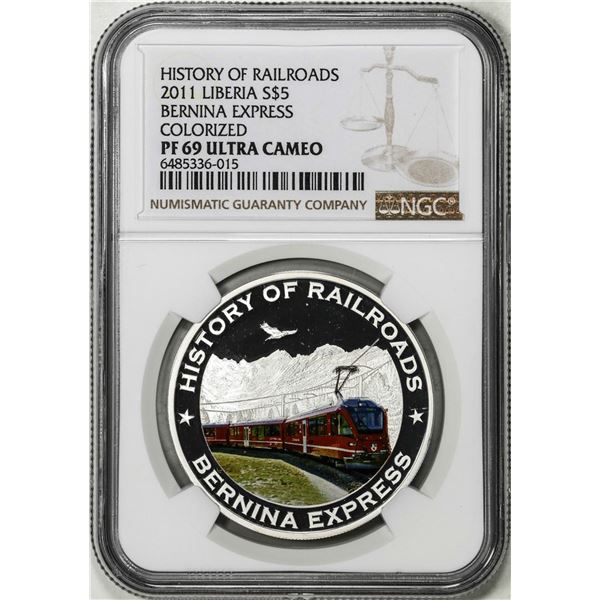 2011 Liberia $5 History of Railroads Bernina Express Silver Coin NGC PF69 Ultra Cameo