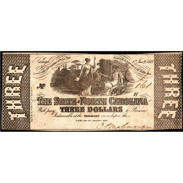 1863 $3 The State of North Carolina, Raleigh Obsolete Note