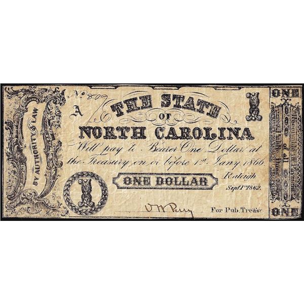 1862 $1 State of North Carolina Obsolete Note