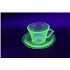 Image 2 : Green Depression Uranium Glass Cup and Saucer "Florentine Poppy" Pattern (Glows)