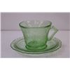 Image 5 : Green Depression Uranium Glass Cup and Saucer "Florentine Poppy" Pattern (Glows)