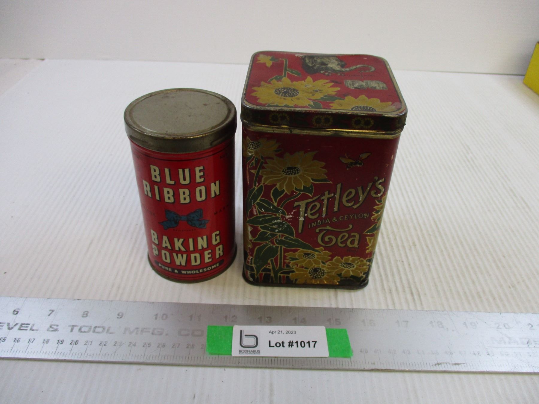 Tetley's Tea Tin + Blue Ribbon Baking Powder Tin