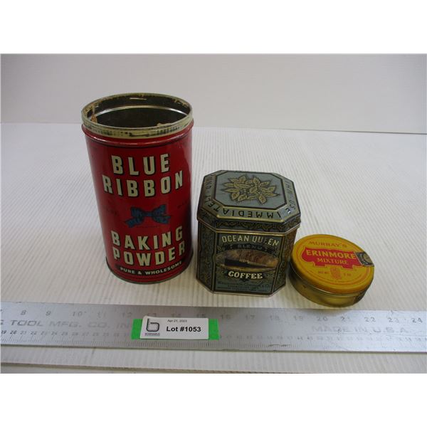 Blue Ribbon Tin (7"), Ocean Queen Coffee Tin (4"), and Erinmore Tin