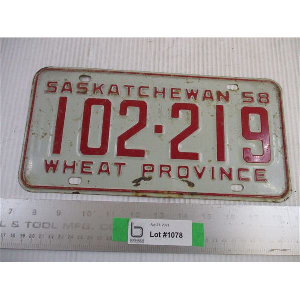 1958 Saskatchewan Wheat Province License Plate