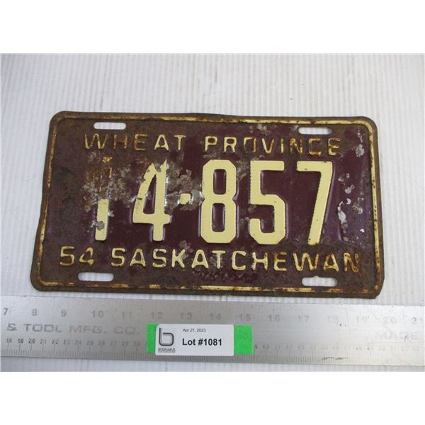 1954 Saskatchewan Wheat Province License Plate