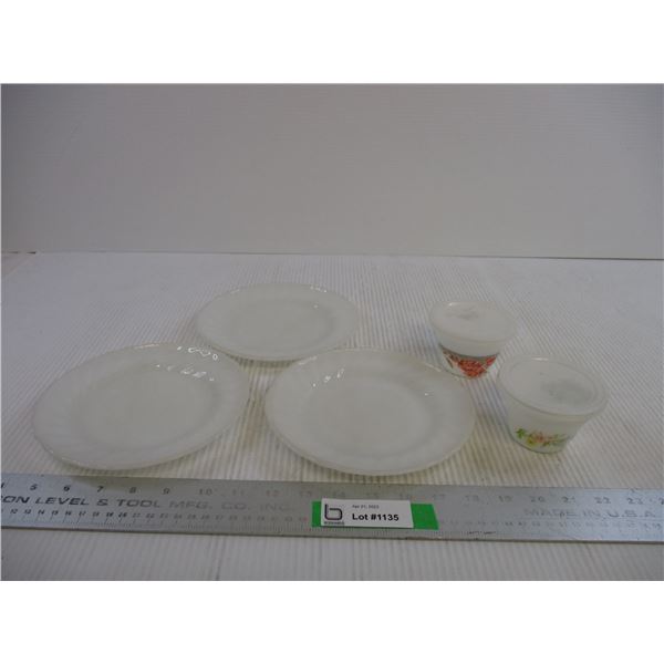 (3) Fire King Plates + (2) Fruit Bowls