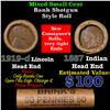 Image 1 : Mixed small cents 1c orig shotgun roll, 1919-d Wheat Cent, 1887 Indian Cent other end, Brinks Wrappe