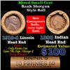 Image 1 : Mixed small cents 1c orig shotgun roll, 1919-d Wheat Cent, 1890 Indian Cent other end, Brinks Wrappe