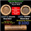 Image 1 : Mixed small cents 1c orig shotgun roll, 1917-d Wheat Cent, 1900 Indian Cent other end, Brinks Wrappe