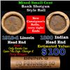 Image 1 : Mixed small cents 1c orig shotgun roll, 1918-d Wheat Cent, 1890 Indian Cent other end, Brinks Wrappe
