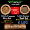 Image 1 : Mixed small cents 1c orig shotgun roll, 1919-d Wheat Cent, 1891 Indian Cent other end, Brinks Wrappe