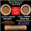 Image 1 : Mixed small cents 1c orig shotgun roll, 1919-s Wheat Cent, 1900 Indian Cent other end, Brinks Wrappe