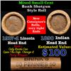 Image 1 : Mixed small cents 1c orig shotgun roll, 1917-d Wheat Cent, 1890 Indian Cent other end, Brinks Wrappe
