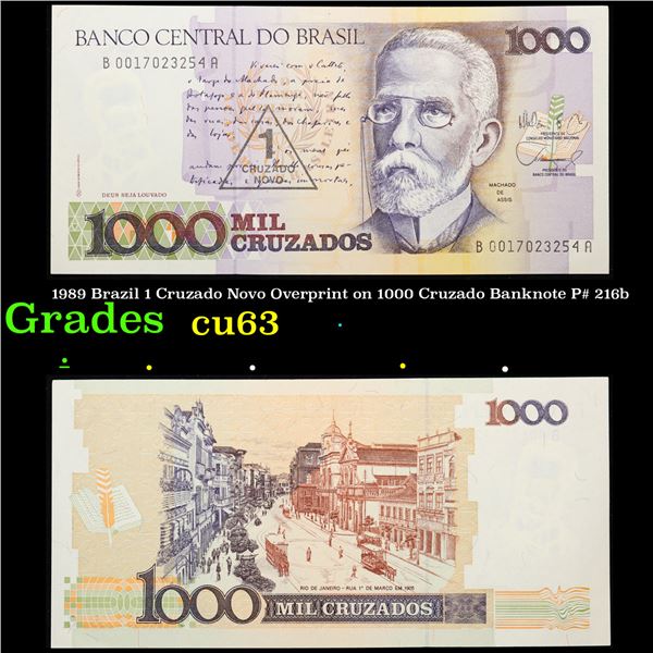 1989 Brazil 1 Cruzado Novo Overprint on 1000 Cruzado Banknote P 216b