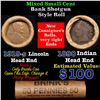 Image 1 : Mixed small cents 1c orig shotgun roll, 1919-s Wheat Cent, 1890 Indian Cent other end, Brinks Wrappe