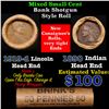 Image 1 : Mixed small cents 1c orig shotgun roll, 1919-d Wheat Cent, 1890 Indian Cent other end, Brinks Wrappe