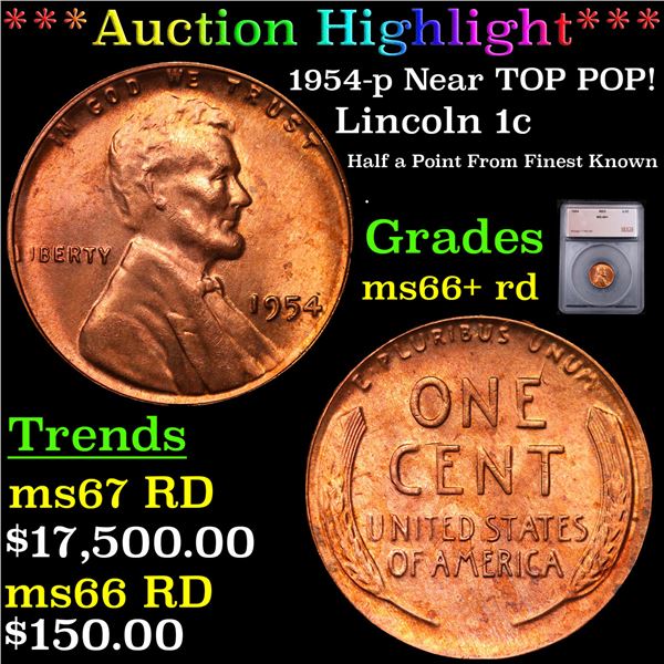 ***Auction Highlight*** 1954-p Lincoln Cent Near TOP POP! 1c Graded ms66+ rd BY SEGS (fc)