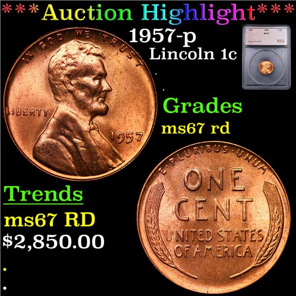 ***Auction Highlight*** 1957-p Lincoln Cent 1c Graded ms67 rd BY SEGS (fc)