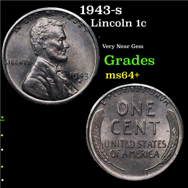 1943-s Lincoln Cent 1c Grades Choice+ Unc