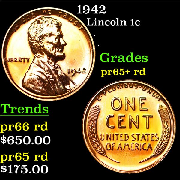 Proof 1942 Lincoln Cent 1c Grades Gem++ Proof Red