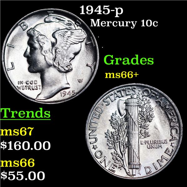 1945-p Mercury Dime 10c Grades GEM++ Unc
