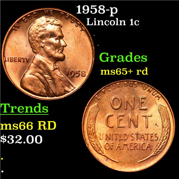 1958-p Lincoln Cent 1c Grades Gem+ Unc RD