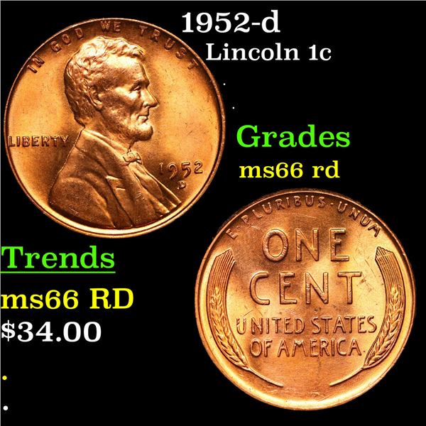 1952-d Lincoln Cent 1c Grades GEM+ Unc RD