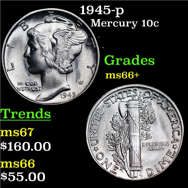 1945-p Mercury Dime 10c Grades GEM++ Unc