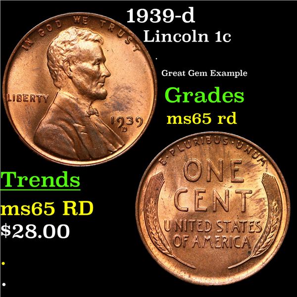 1939-d Lincoln Cent 1c Grades GEM Unc RD