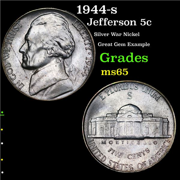 1944-s Jefferson Nickel 5c Grades GEM Unc