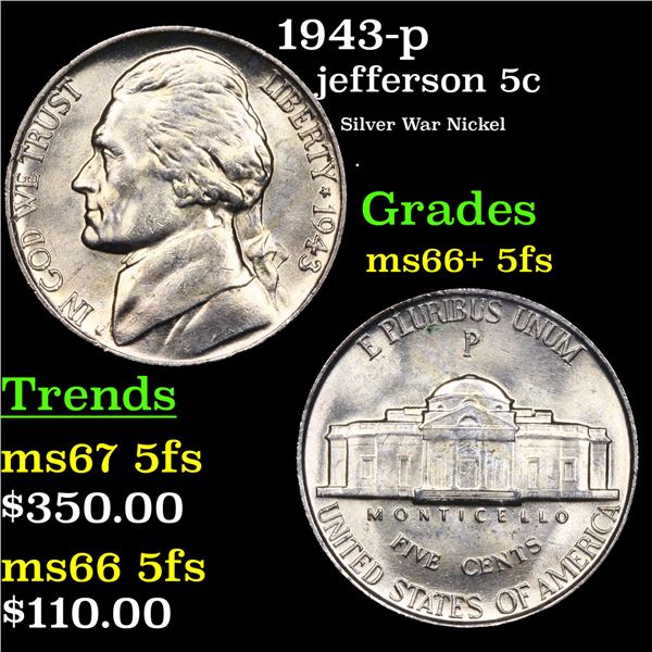 1943-p Jefferson Nickel 5c Grades GEM++ 5fs