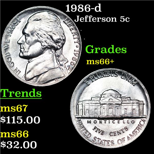 1986-d Jefferson Nickel 5c Grades GEM++ Unc