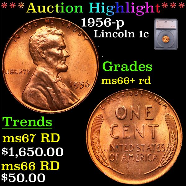 ***Auction Highlight*** 1956-p Lincoln Cent 1c Graded ms66+ rd BY SEGS (fc)