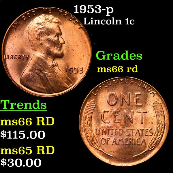 1953-p Lincoln Cent 1c Grades GEM+ Unc RD