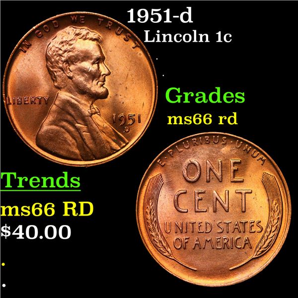 1951-d Lincoln Cent 1c Grades GEM+ Unc RD
