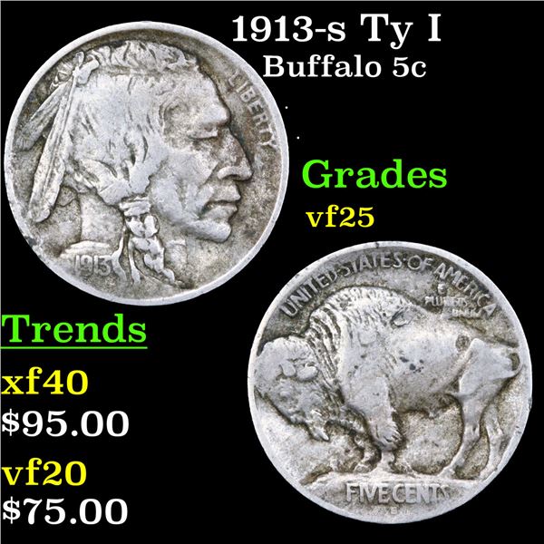 1913-s Ty I Buffalo Nickel 5c Grades vf+