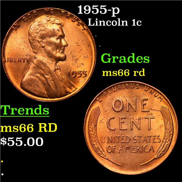 1955-p Lincoln Cent 1c Grades GEM+ Unc RD