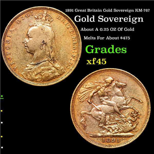 1891 Great Britain Gold Sovereign KM-767 Grades xf+