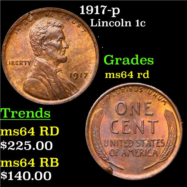 1917-p Lincoln Cent 1c Grades Choice Unc RD