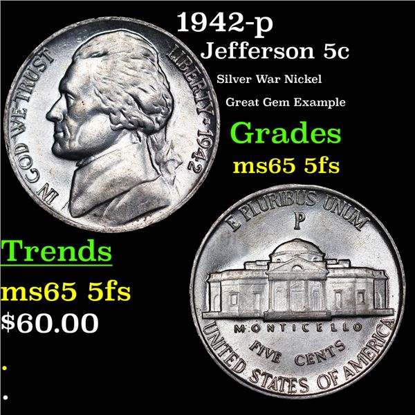 1942-p Jefferson Nickel 5c Grades GEM 5fs