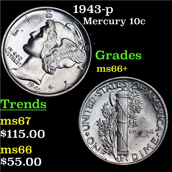 1943-p Mercury Dime 10c Grades GEM++ Unc